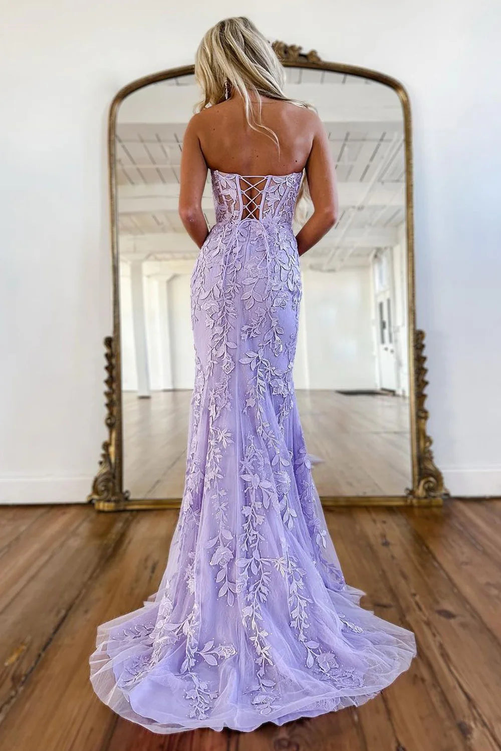 Lilac Mermaid Sweetheart Lace Up Long Tulle Prom Dress with Appliques